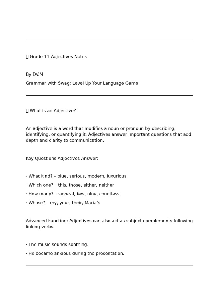 Grade 11 Adjectives Study Guide | PDF | Adjective | Grammatical Number