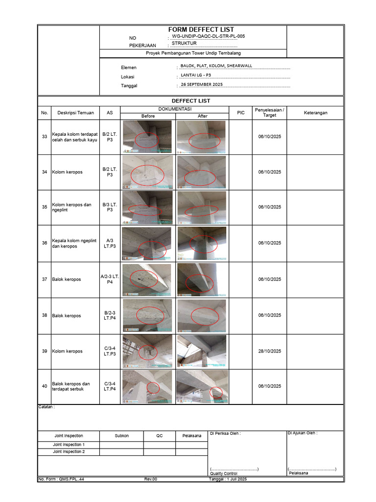 Daftar Defect Proyek Tower Undip Tembalang | PDF
