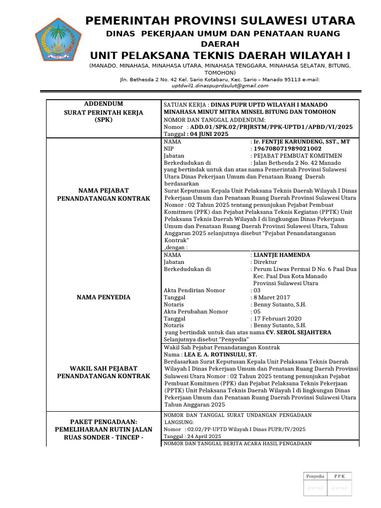Addendum SPK Pemeliharaan Jalan Sulut | PDF