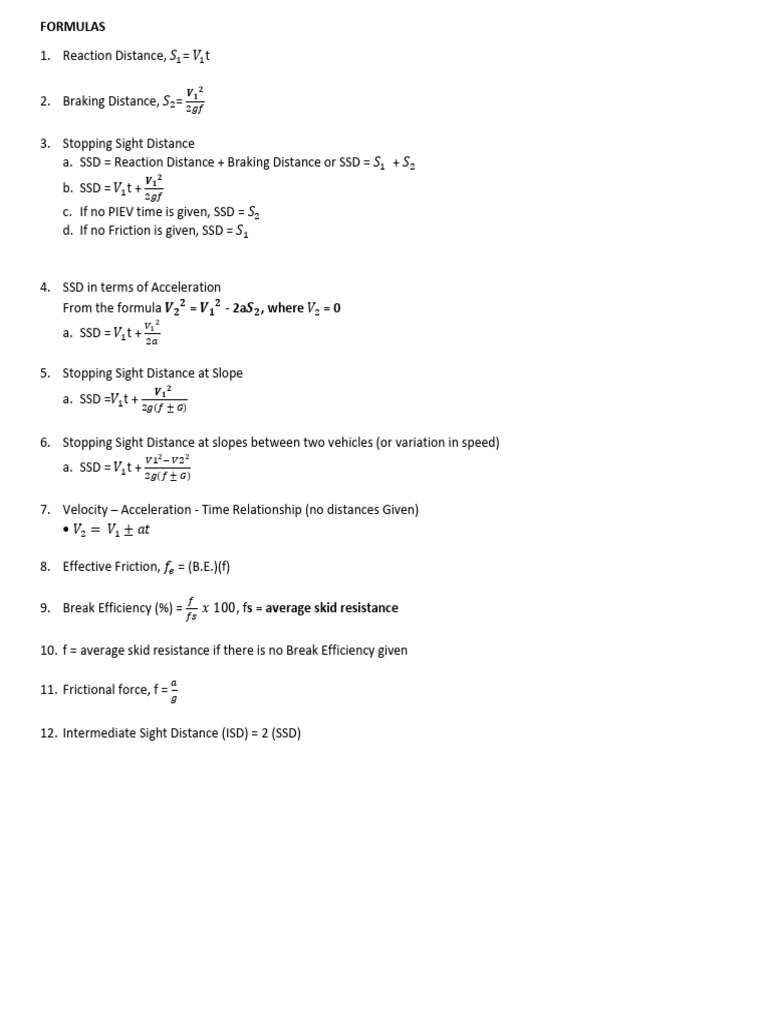 Stopping Sight Distance Formulas Explained | PDF