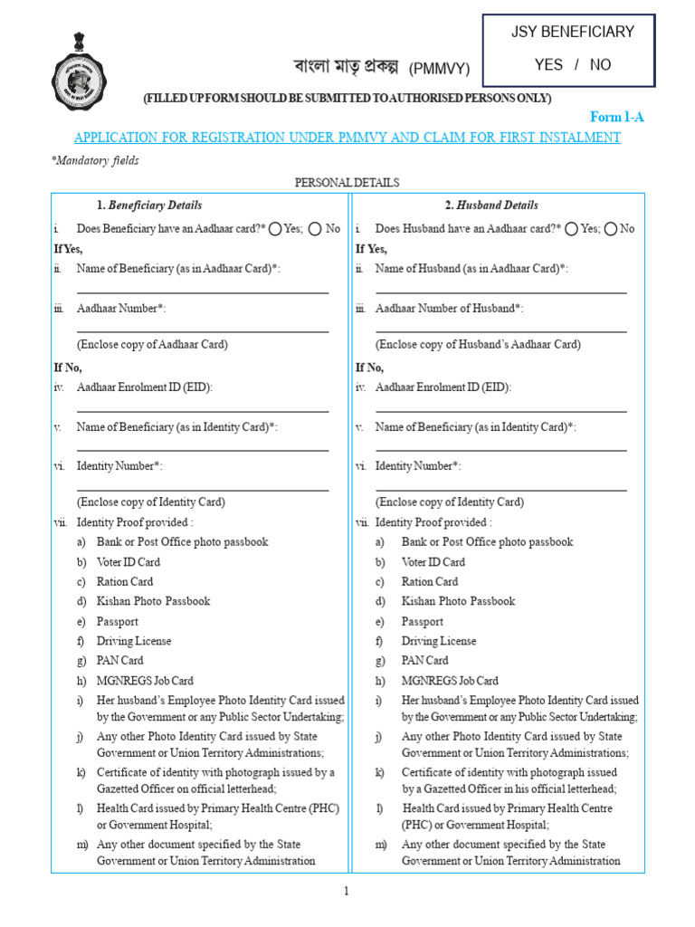 PMMVY Registration Application Form | PDF | Identity Document ...
