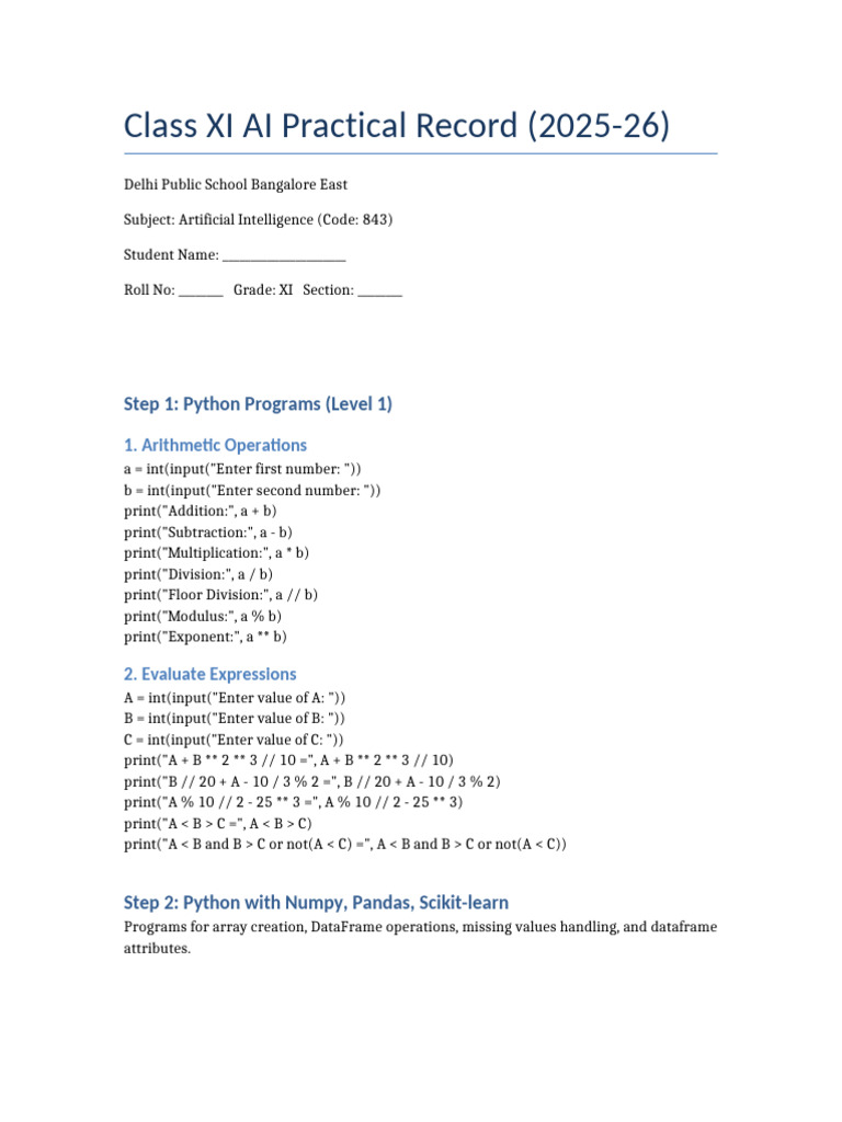 Class XI AI Practical Record 2025-26 | PDF