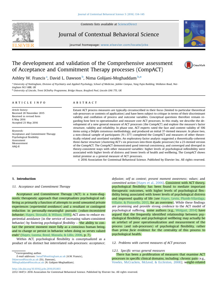 CompACT: New Measure for ACT Processes | PDF | Psychology ...