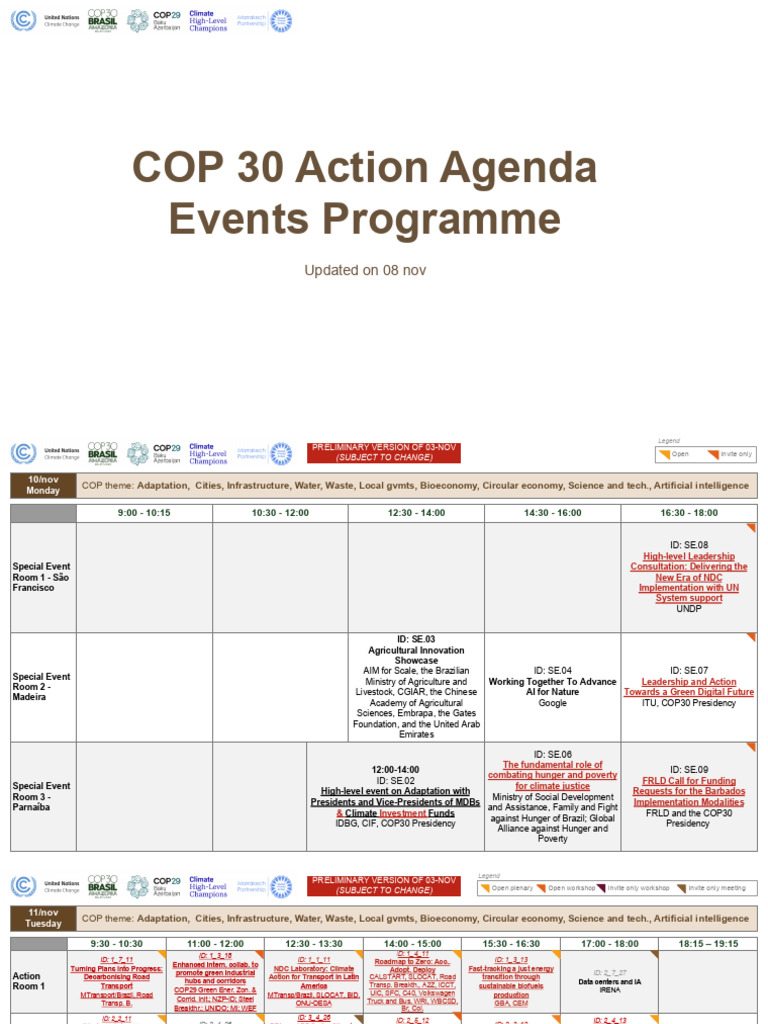 COP30 Action Agenda Events Overview | PDF | Climate Change Mitigation ...