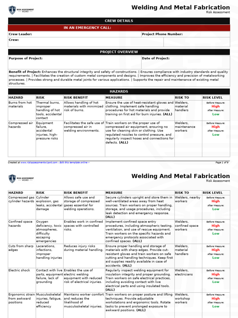 Welding and Metal Fabrication - Risk Assessment | PDF | Welding ...