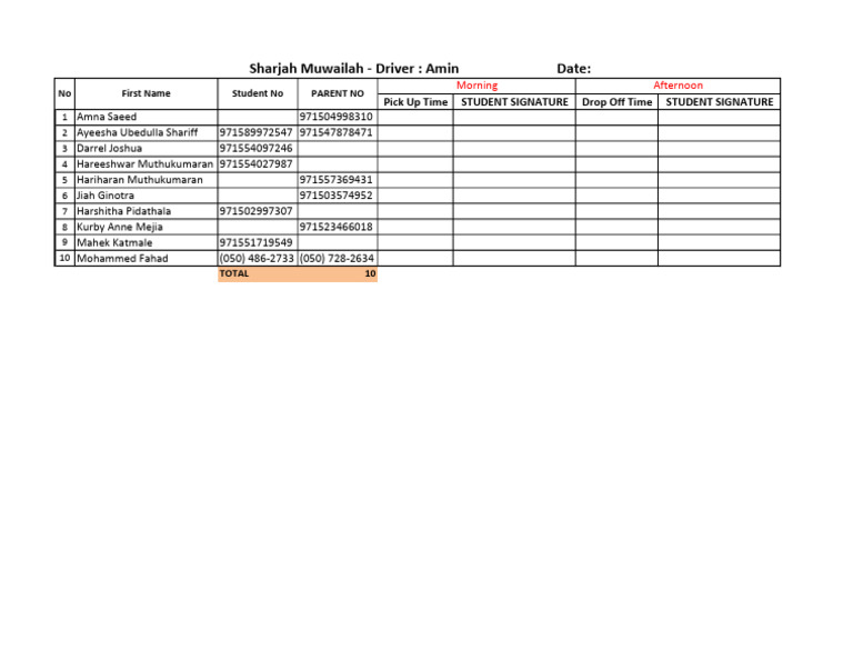 Student Pickup and Drop-off Log | PDF