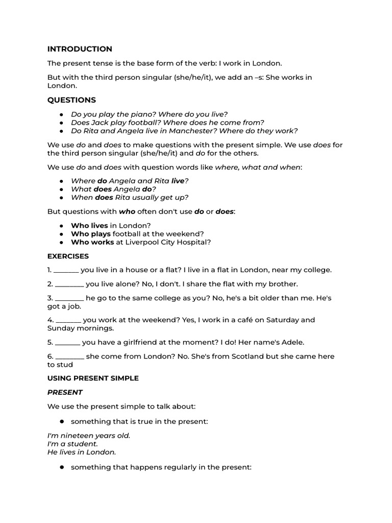 Present Simple and Prepositions Guide | PDF | Linguistics | Syntax