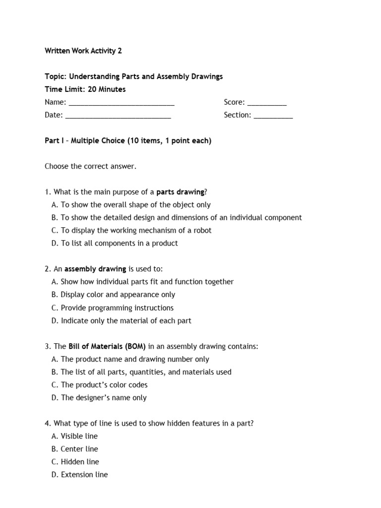 Parts and Assembly Drawings Quiz | PDF | Drawing