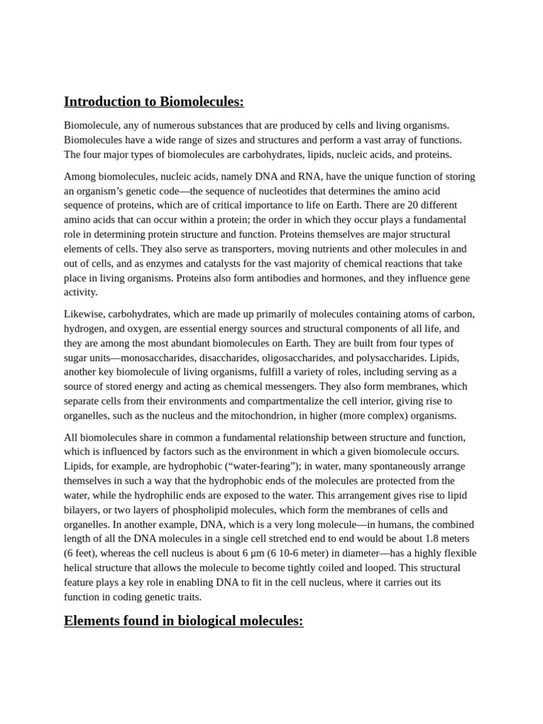 Overview of Biomolecules and Their Functions | PDF | Biomolecules | Biology