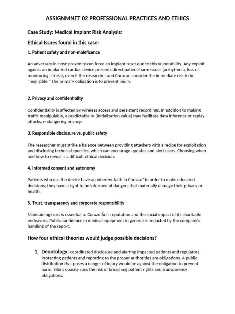 Medical Device Ethics Case Study Analysis | PDF | Privacy | Medical Device