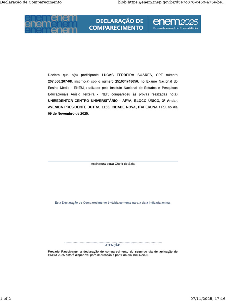 Declaração de Comparecimento ENEM 2025 | PDF
