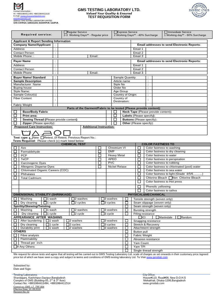 GMS Testing Laboratory Contact & Services | PDF | Textiles | Materials