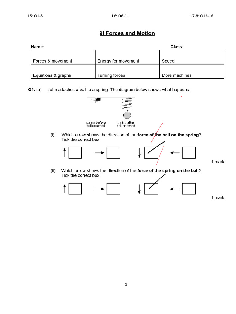 Forces and Motion Worksheet Q1-7 | PDF | Force | Breathing