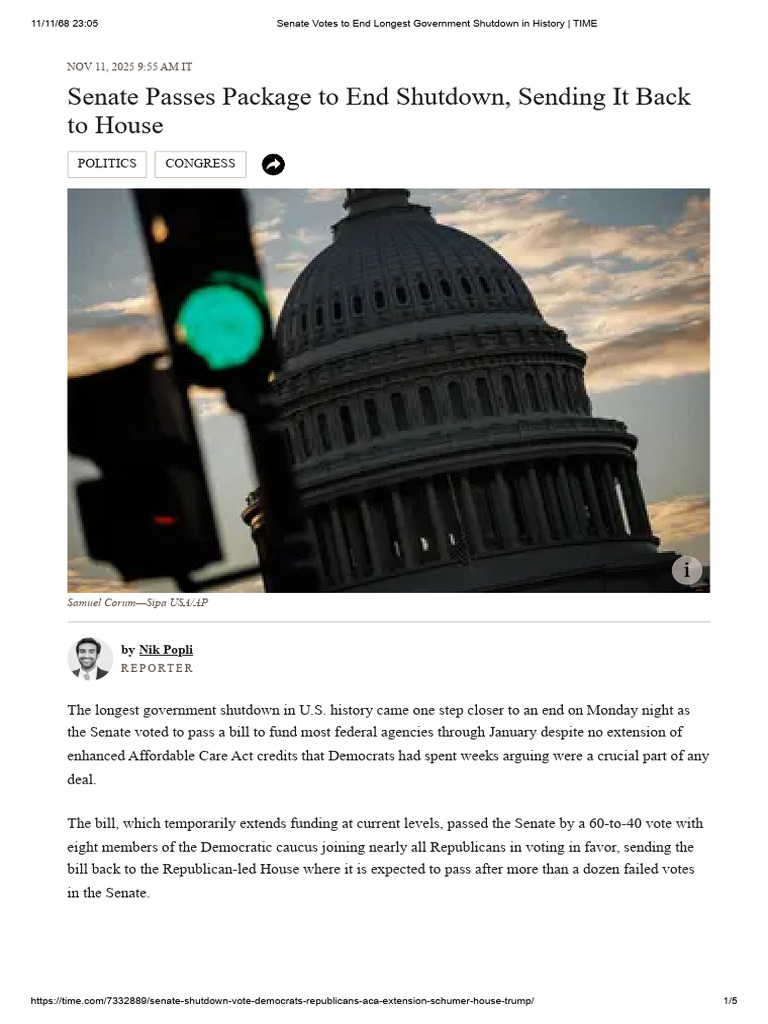 Senate Votes To End Longest Government Shutdown in History - TIME | PDF ...