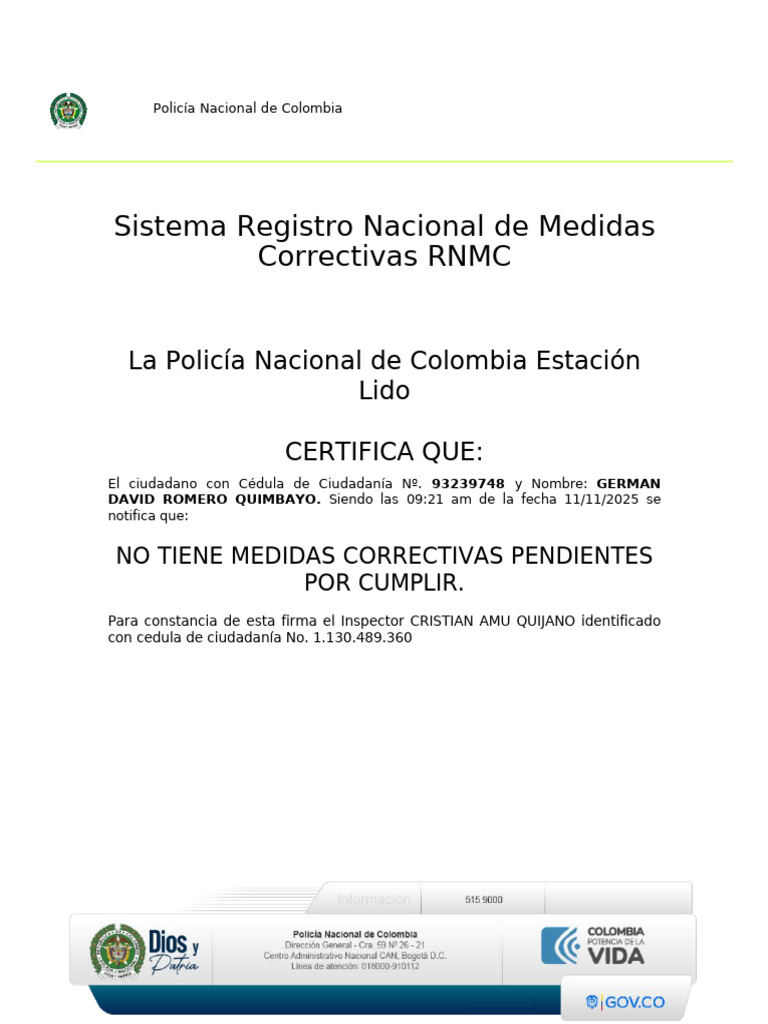 Certificación de No Medidas Correctivas | PDF