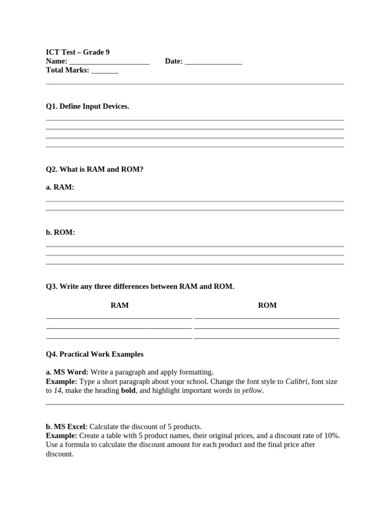 Grade 9 ICT Test Questions and Tasks | PDF