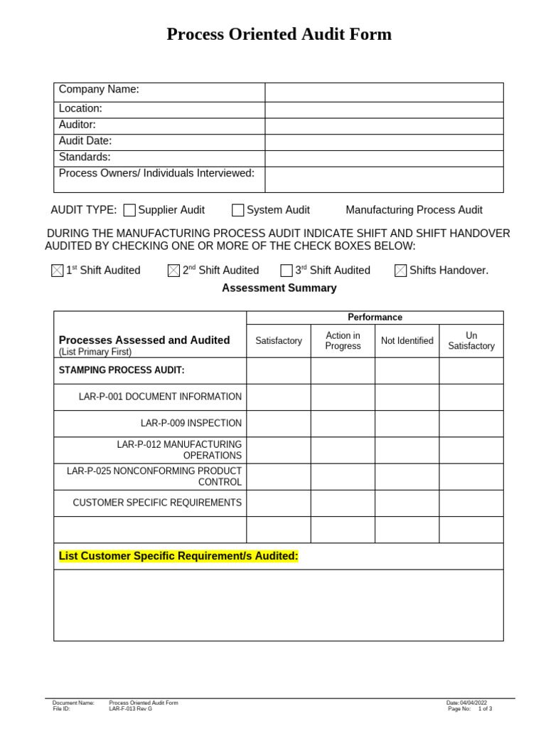 Process Internal Audit Form | PDF | Audit | Business