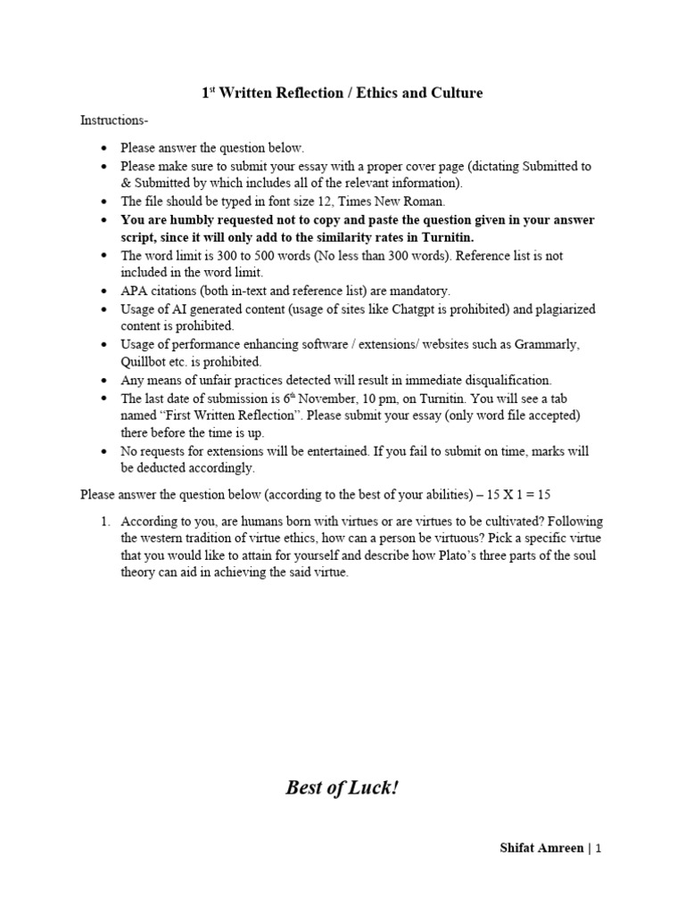 Ethics and Culture Reflection Guidelines | PDF