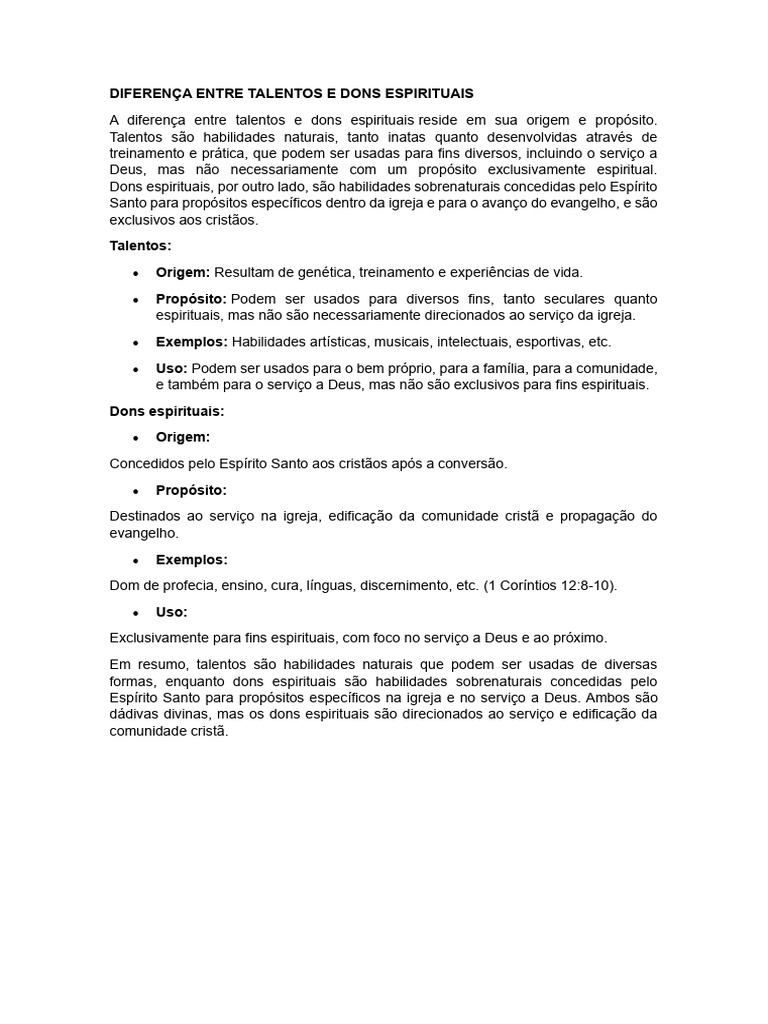 Talentos vs Dons Espirituais: Entenda a Diferença | PDF