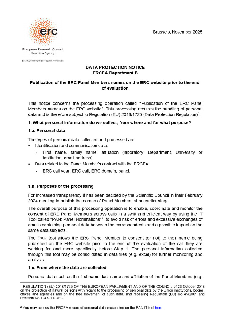 Data Protection Notice ERCEA Publication PMs Names | PDF | Computing