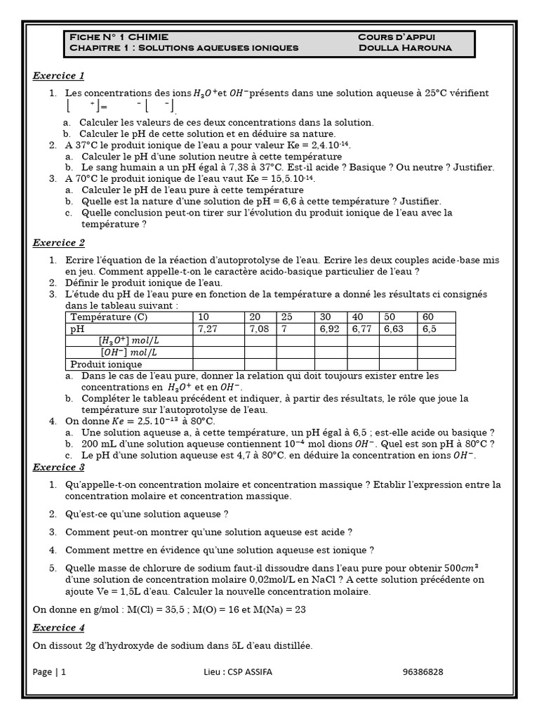 Solutions aqueuses ioniques : exercices et calculs | PDF | Ph | Ion