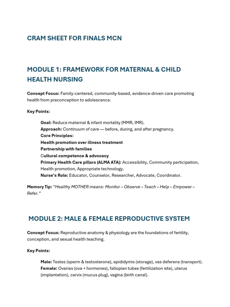 MCN CRAM SHEET WT SAMPLE CFE | PDF | Menstrual Cycle | Childbirth
