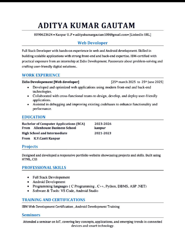 Full Stack Developer Profile: Aditya Gautam | PDF