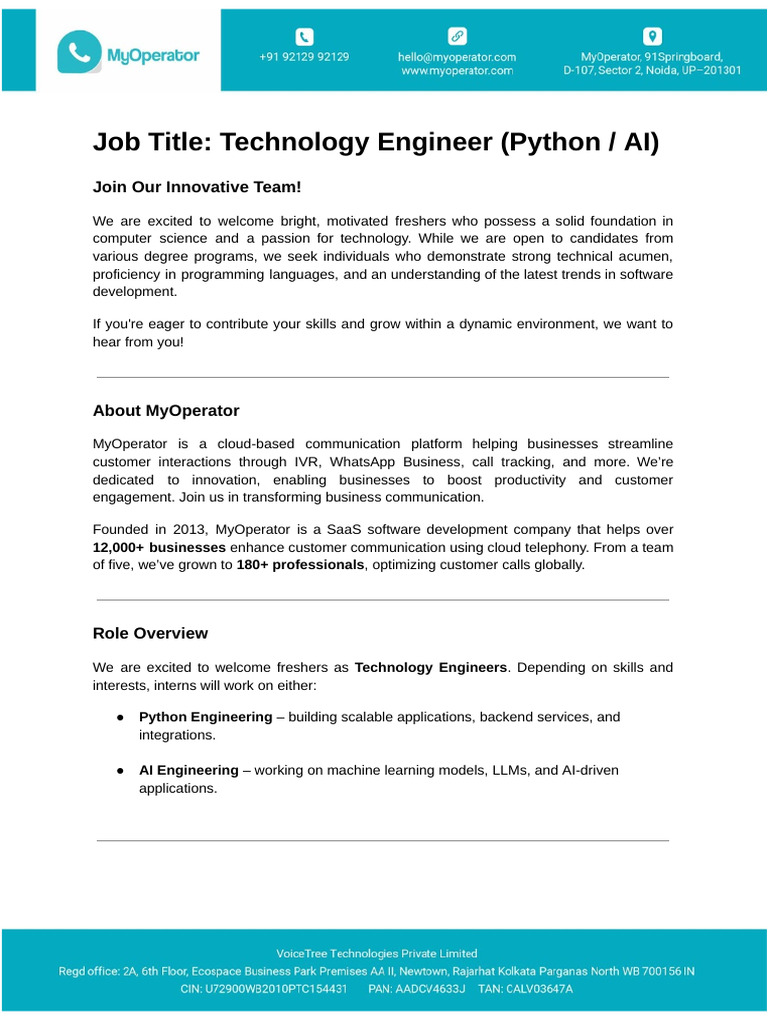 JD - MyOperator | PDF | Artificial Intelligence | Intelligence (AI ...