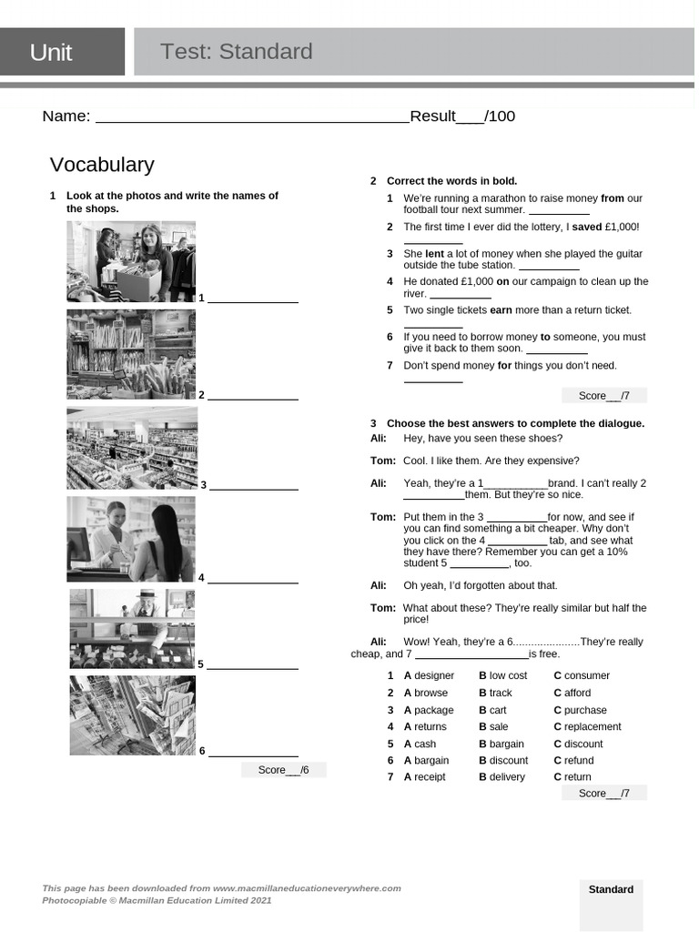 Vocabulary and Grammar Test for Shopping | PDF | Supermarket