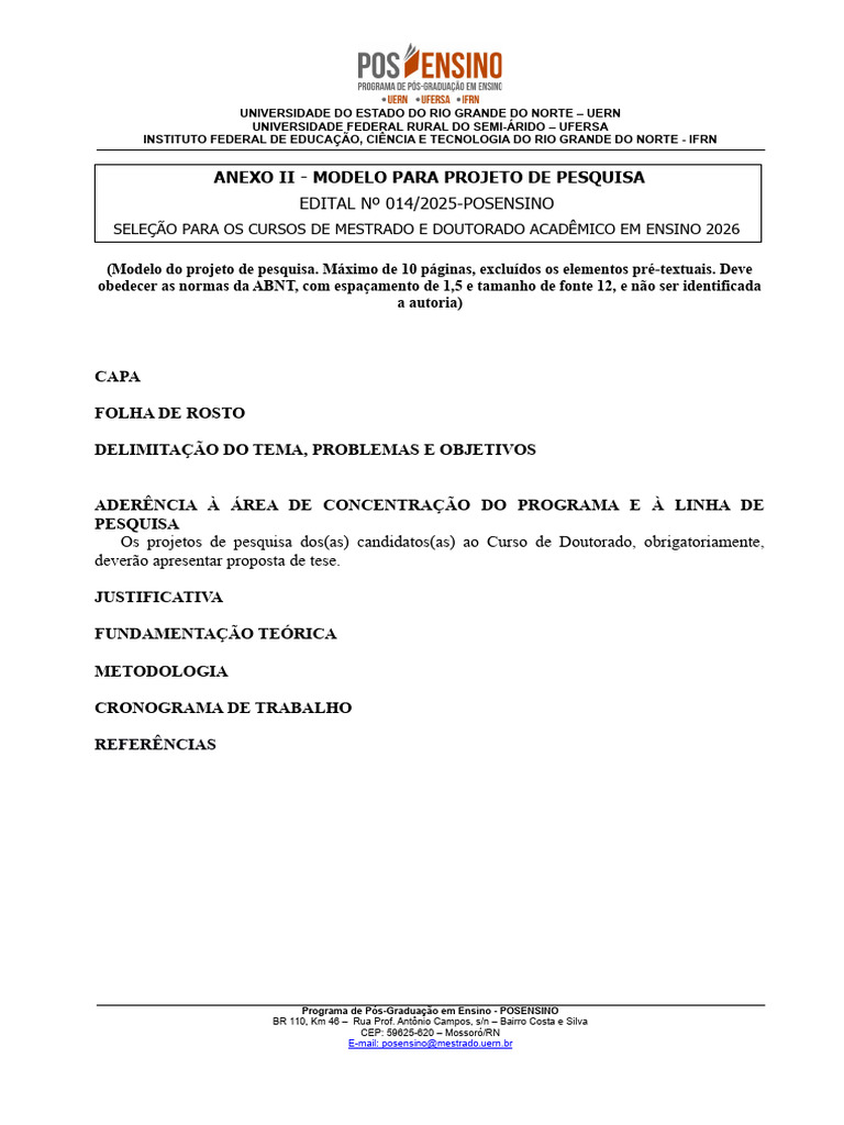 Modelo de Projeto de Pesquisa para Mestrado e Doutorado | PDF