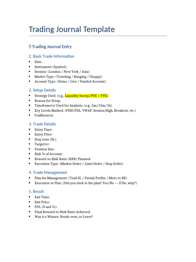 Comprehensive Trading Journal Template | PDF