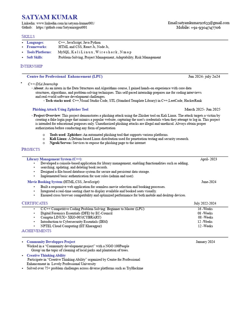 Satyam Kumar: Tech Skills & Projects | PDF | Phishing | C++