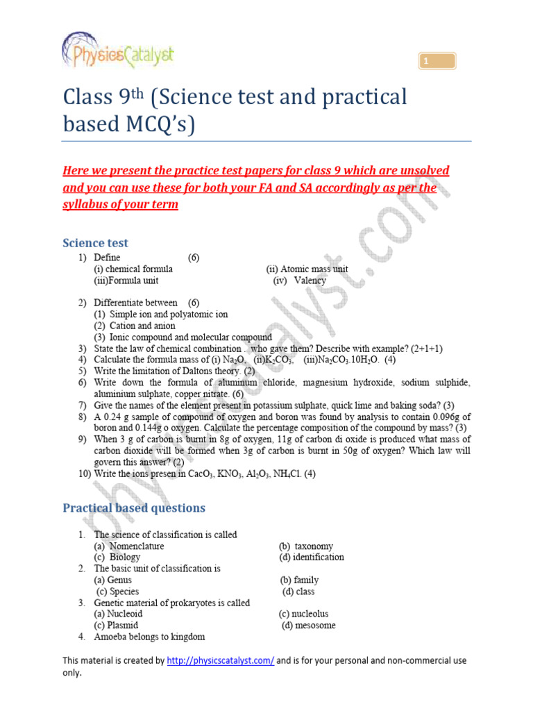 Class 9 Science MCQs and Practical Tests | PDF | Ion | Chemical Compounds
