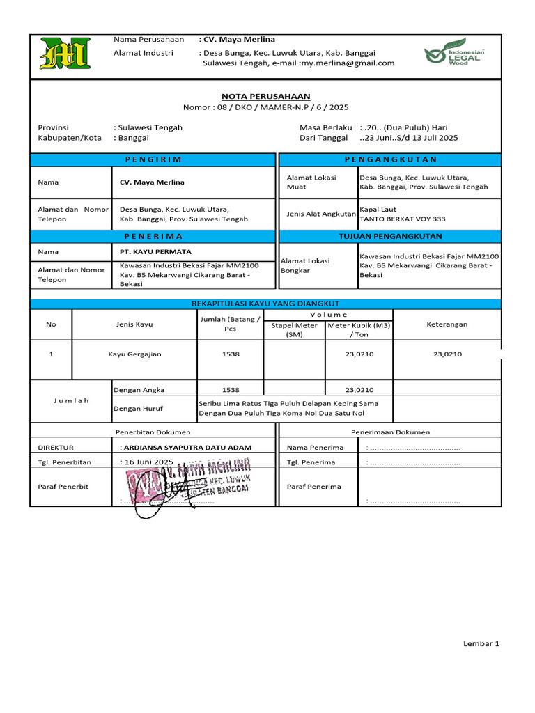 Nota Pengiriman Kayu CV. Maya Merlina | PDF