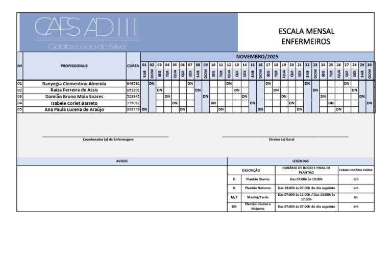Escala Mensal de Enfermeiros - Novembro 2025 | PDF
