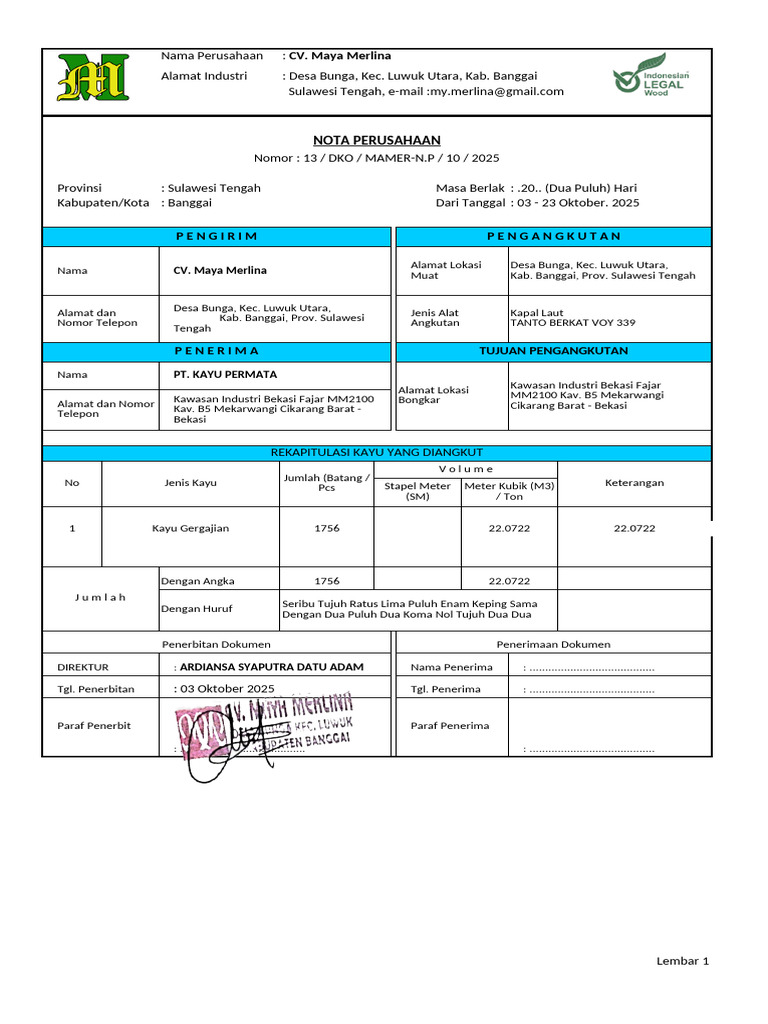 Nota Pengangkutan Kayu CV Maya Merlina | PDF