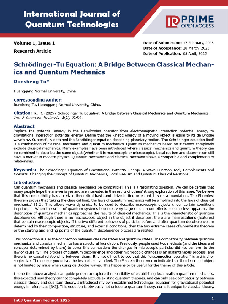 Schrodingertu Equation A Bridge Between Classical Mechanics and Quantum ...