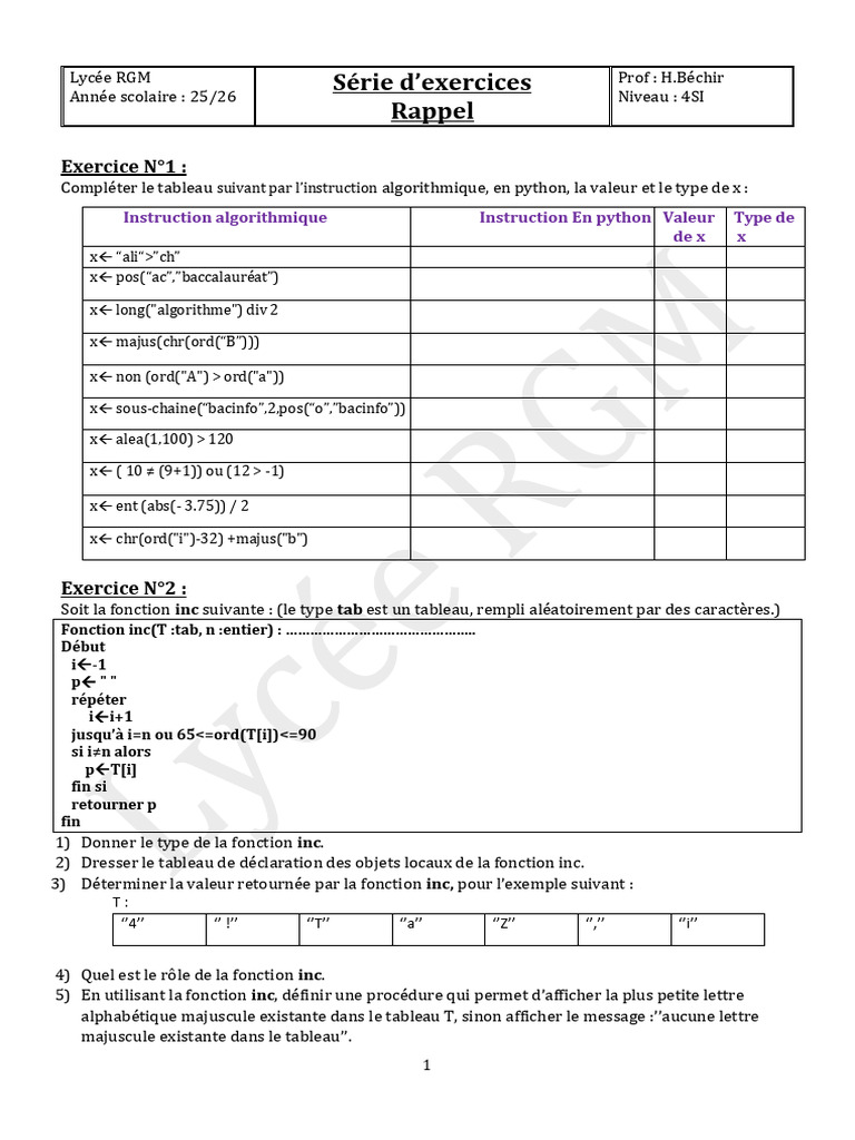 Exercices de programmation Python 4SI | PDF