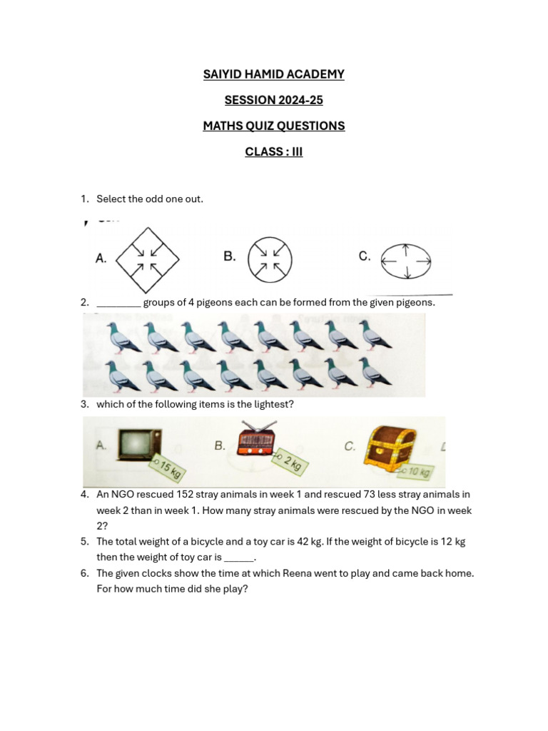 Maths Quiz Class 3 | PDF
