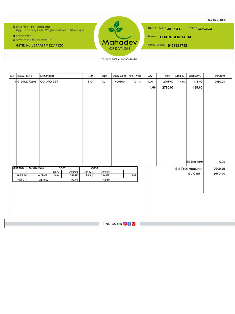 Invoice for CO-ORD SET Purchase | PDF