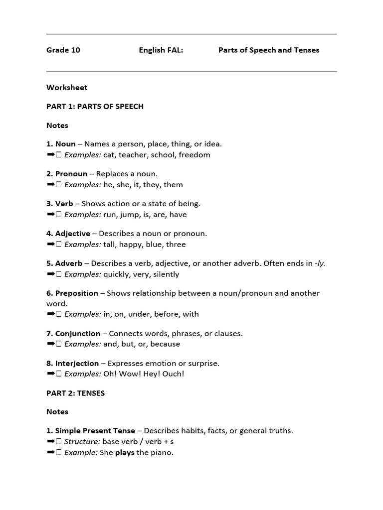 Grade 10 Parts of Speech & Tenses Worksheet | PDF | Part Of Speech | Verb