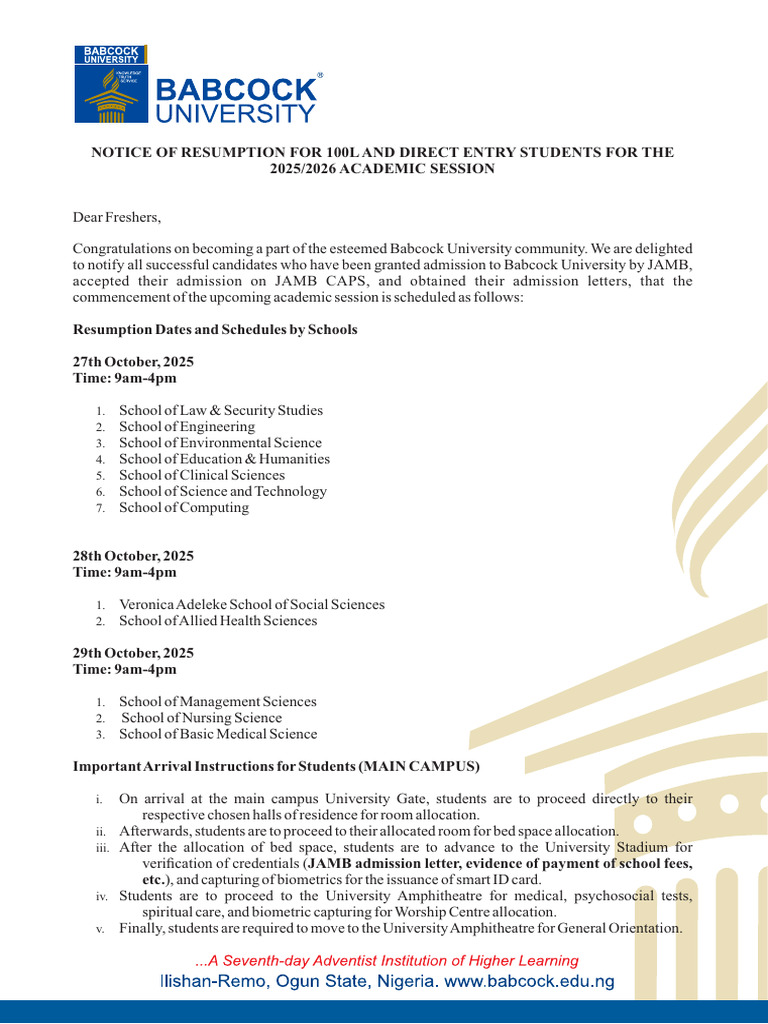 Babcock University 2025/2026 Resumption Notice | PDF