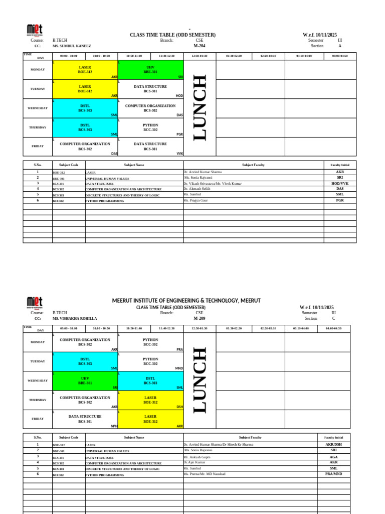 Detained Student Cse Odd Sem 2025-26 Classwise Timetable (November ...