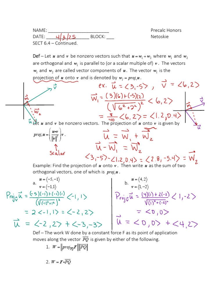 Vector Projections and Work Calculations | PDF