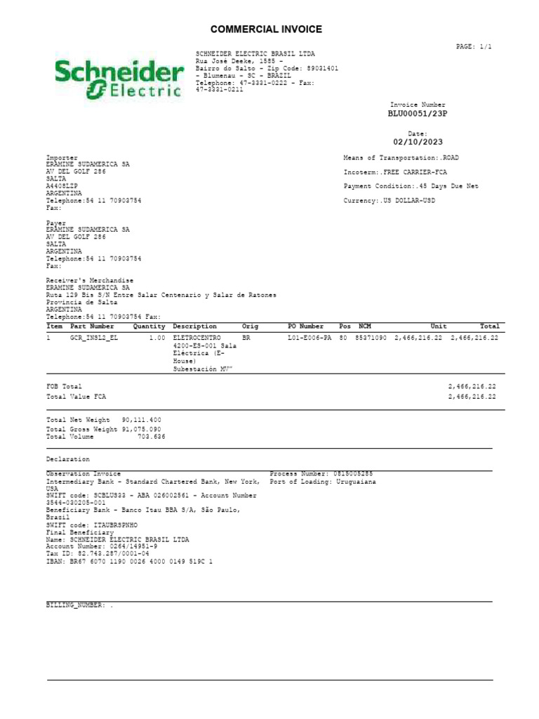 Commercial Invoice for Schneider Electric | PDF | Payments | Banking