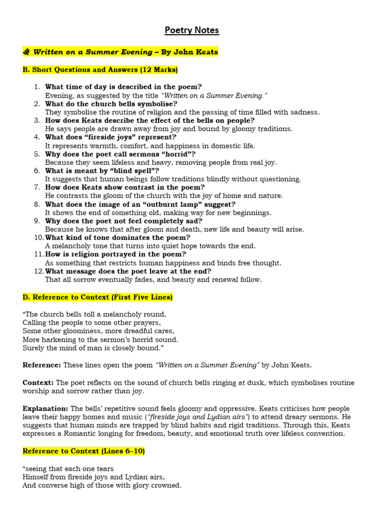 File-9 Poetry Notes - Written On A Summer Evening - by John Keats | PDF ...