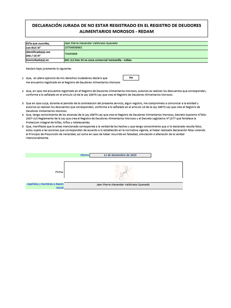 Declaración Jurada de No Estar Registrado en El Registro de Deudores ...