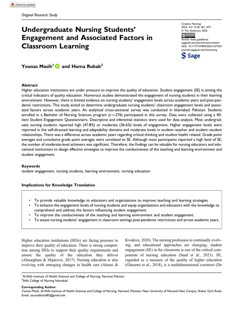 Nursing Students' Classroom Engagement Factors | PDF | Learning | Teachers