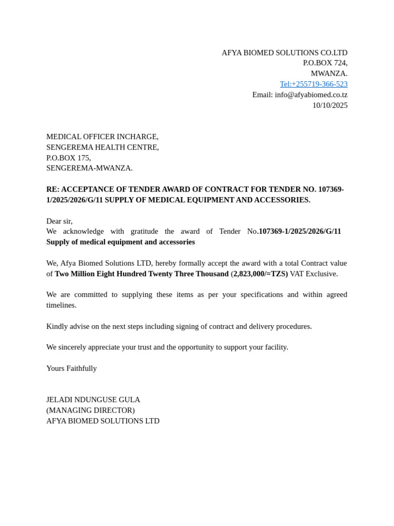 Tender Acceptance for Medical Equipment Supply | PDF