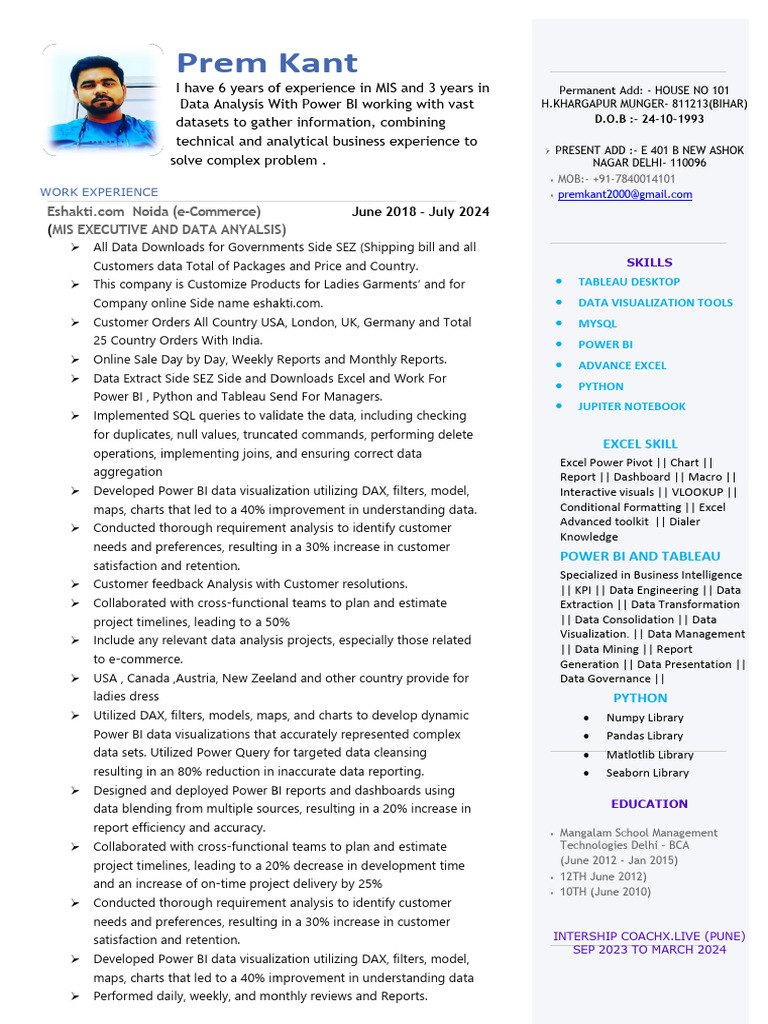 Prem Kant Latest Resume | PDF | Microsoft Excel | Data Analysis